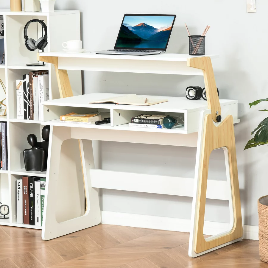 HOMCOM Computertisch mit verstellbarem Regal weiß