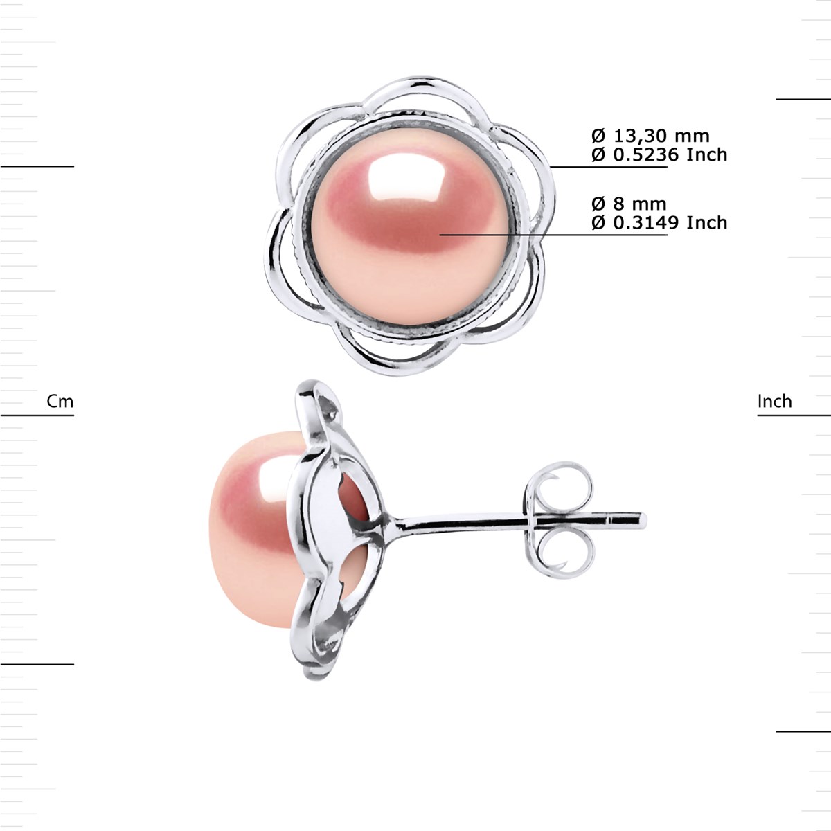 Clous d'Oreilles FLEUR Perles d'Eau Douce Boutons 8-9 mm Roses Argent 925