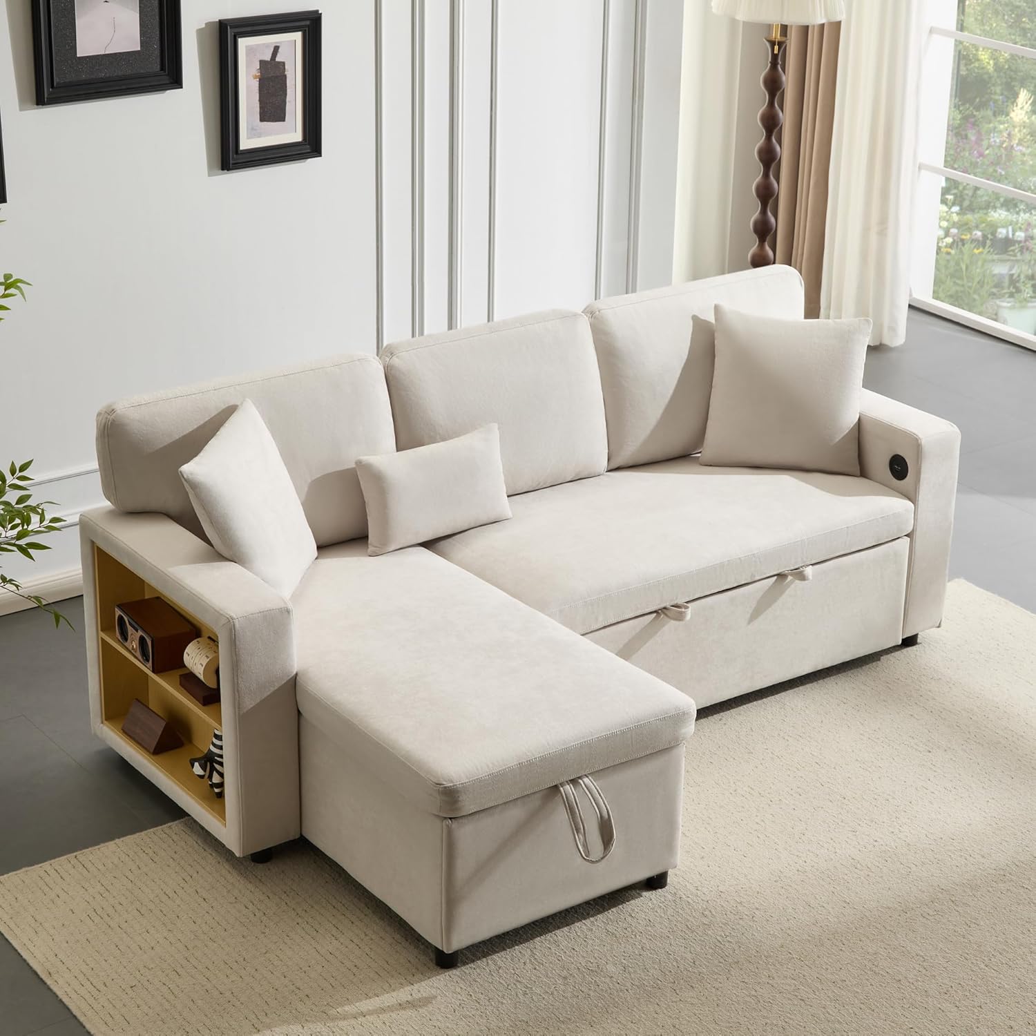 Ecksofa mit Schlaffunktion und USB, Schlafsofa mit Bettkasten und Stauraum, Schlafcouch Eckcouch mit Integriertem Regal und Seitentaschen, Couch L Form, Wohnzimmer Möbel, Beige, Samt