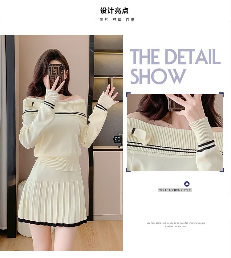 Odestra - Set: Off-Shoulder gestreepte striktrui + High Waist geplooide mini A-lijn rok