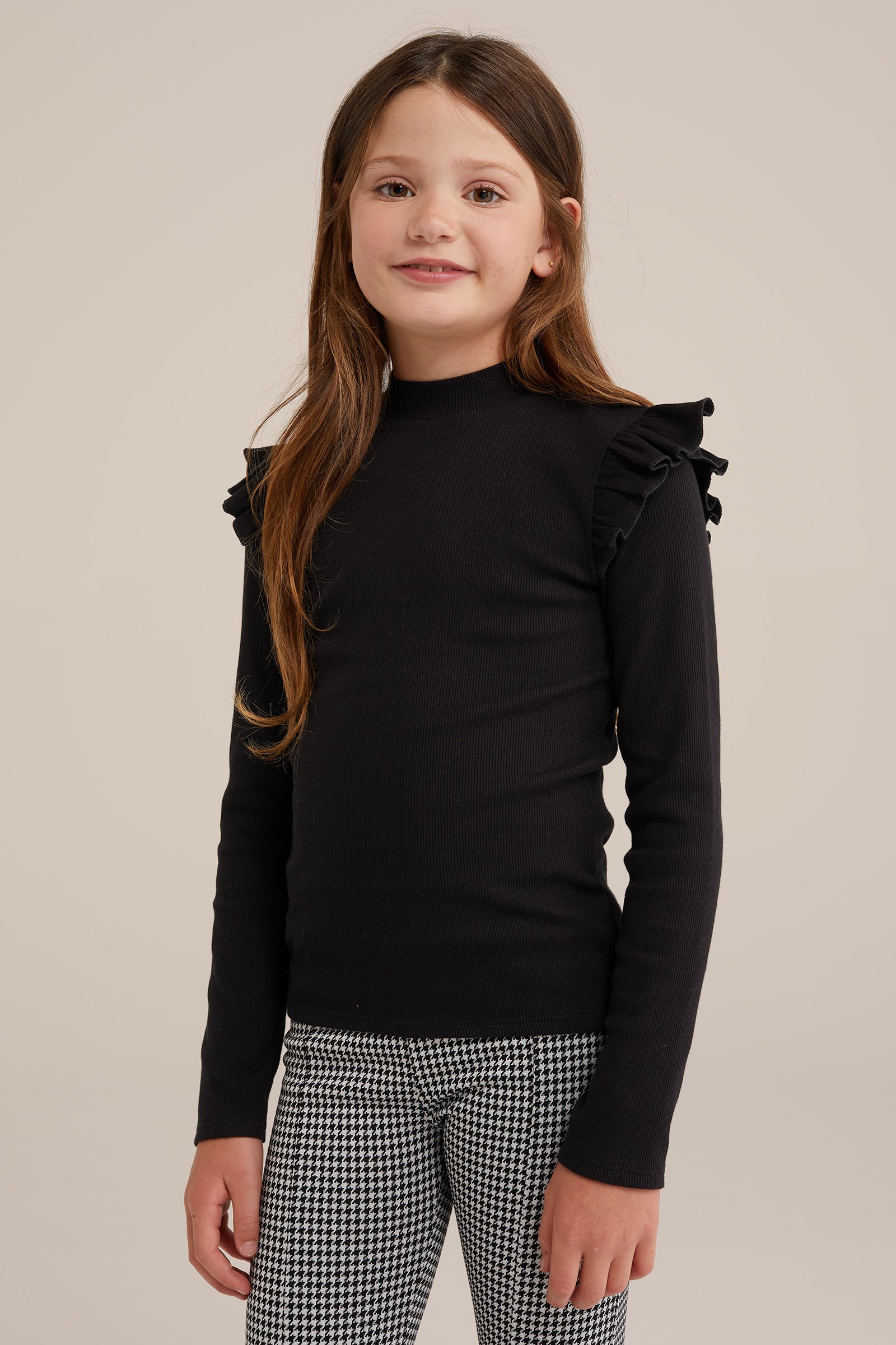 Meisjes geribd T-shirt met ruches WE Fashion Zwart