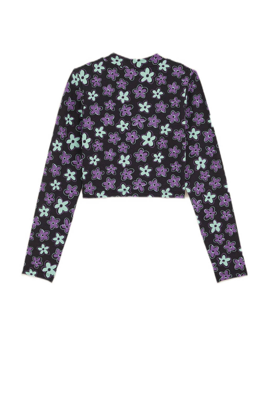 WE Fashion gebloemde longsleeve zwart/lichtblauw/paars