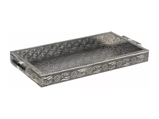 Plateau en métal repoussé argenté 33x18x3h