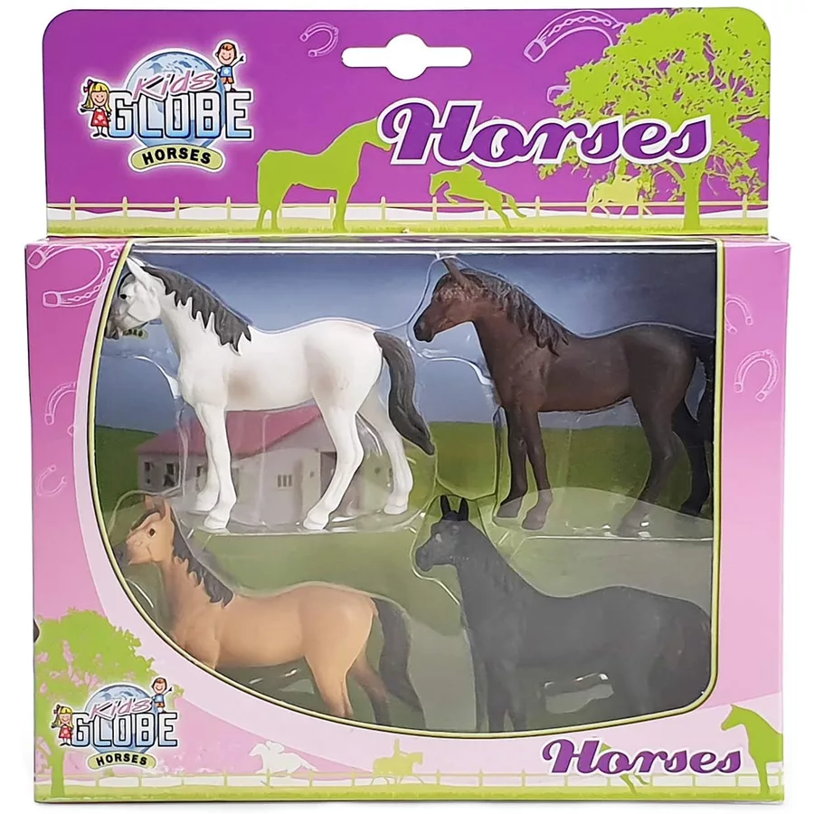 Kids Globe Farming Reiterhof Set Pferdestall 9 Boxen 4 Pferde 4 Heuballen Weiß, Rosa Weiß