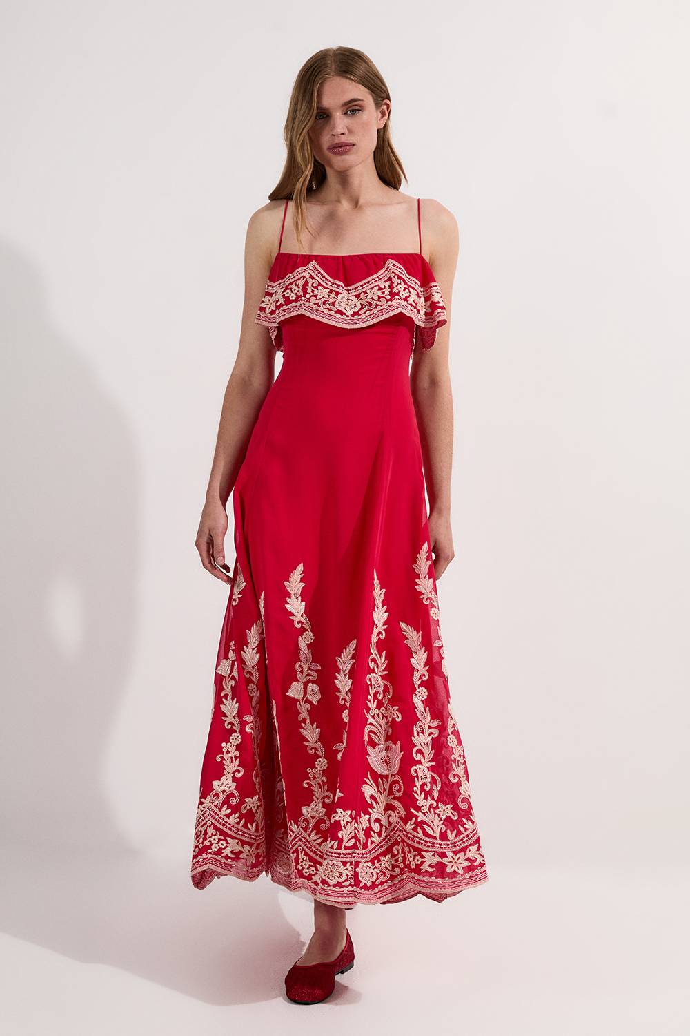 KarenMillen Robe Mi-Longue à Bretelles avec Appliqués Brodés