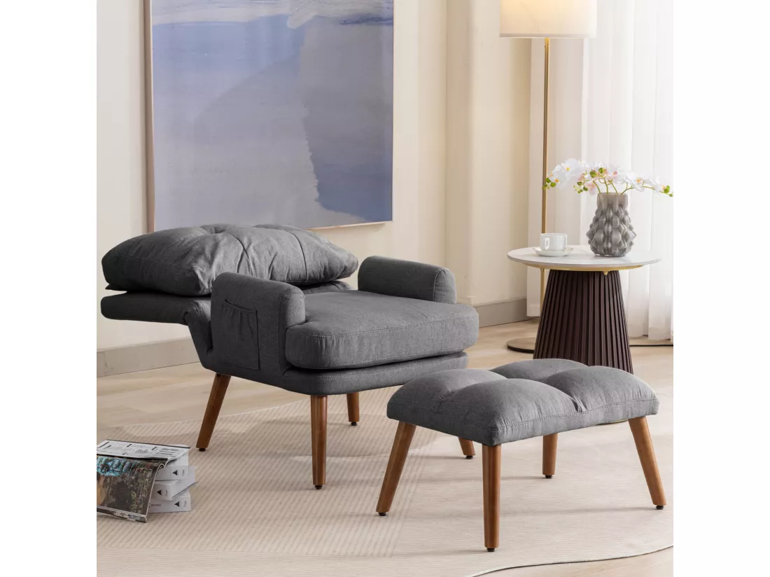 Chaise longue avec repose-pieds, dossier réglable sur 10 niveaux, inclinable, chaise avec étagère latérale-Gris
