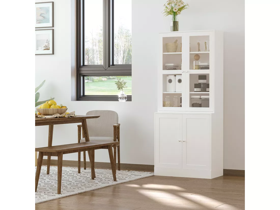 Bibliothèque vitrine multi-rangement - 2 portes verre, 2 portes bois, 4 étagères réglables - MDF blanc