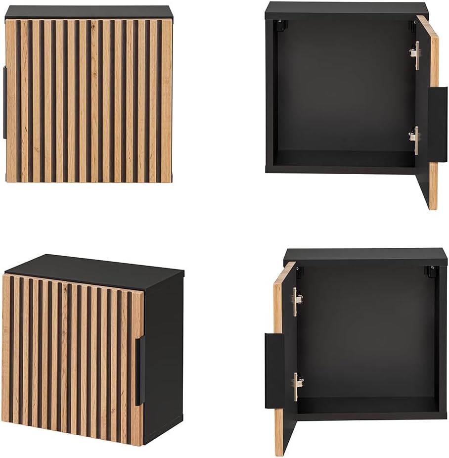 Lomadox Badezimmer Hängeschrank 35x35 cm Wandschrank Badschrank 1 Tür quadratisch Würfel anthrazit mit Eiche Nb. Schwarze Rillen, 35x35x22 cm