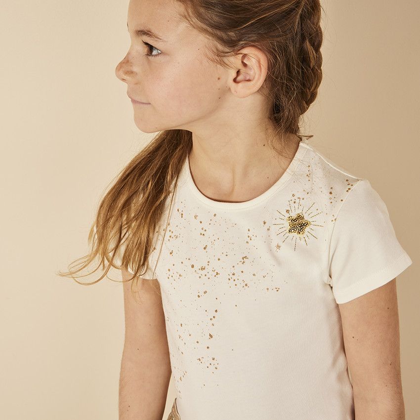 Robe manches courtes effet 2 en 1 en tulle plissé pour fille - Ecru