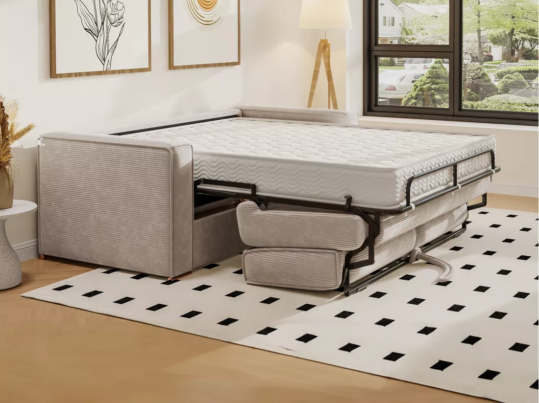 Canapé 4 places convertible express en velours côtelé beige - Couchage à lattes larges 160 cm - Matelas 22 cm LORETO