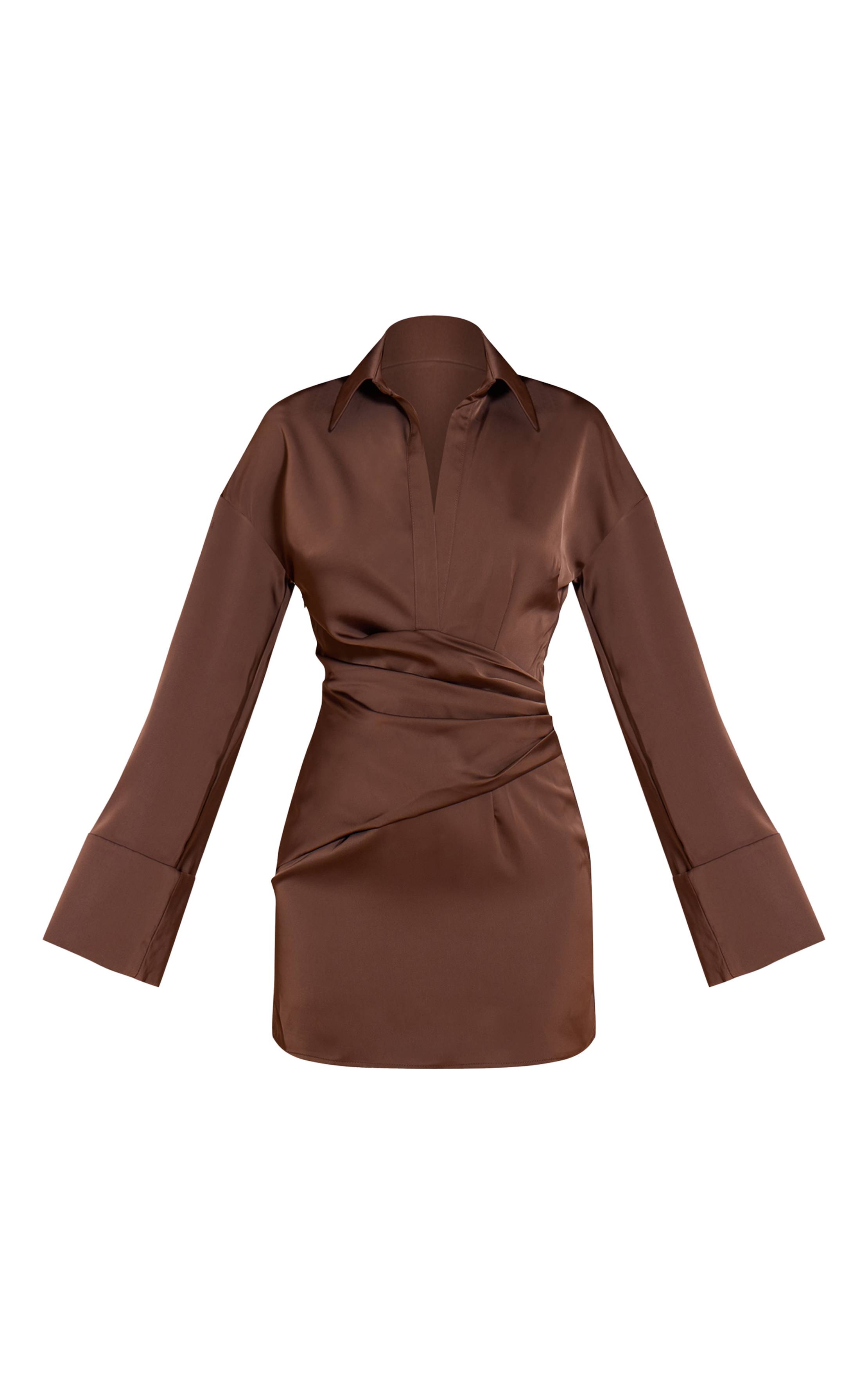 Chocolate Brown Robe Chemise Premium En Satin À Manches Évasées