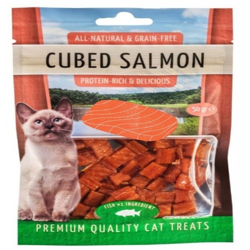 Petiscos naturais para gatos com sabor de salmão, atum, pato e frango.