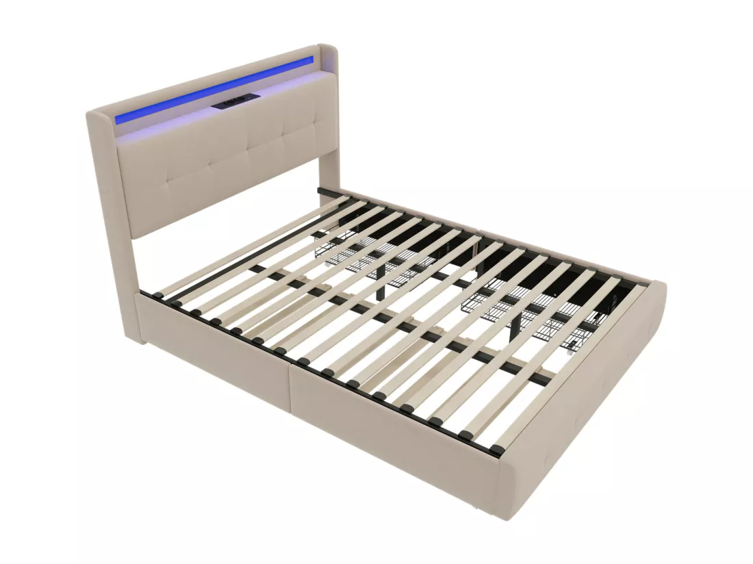 Lit double rembourré 160x200 cm Lit adulte avec lit gigogne éclairage LED 2 tiroirs ports USB et sommier à lattes - beige