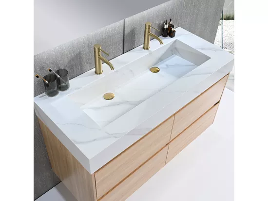 Meuble salle de bain double vasque 120cm bois naturel et effet marbre blanc avec miroir LED LB-8476C-120