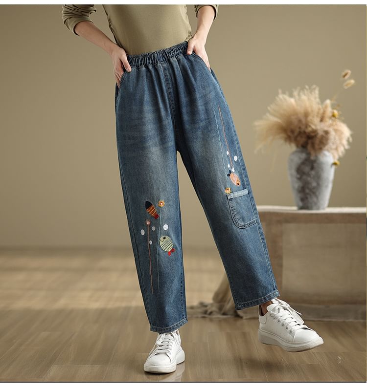 Lewwe - Elastische taille met visborduursel en gewassen cropped baggy jeans