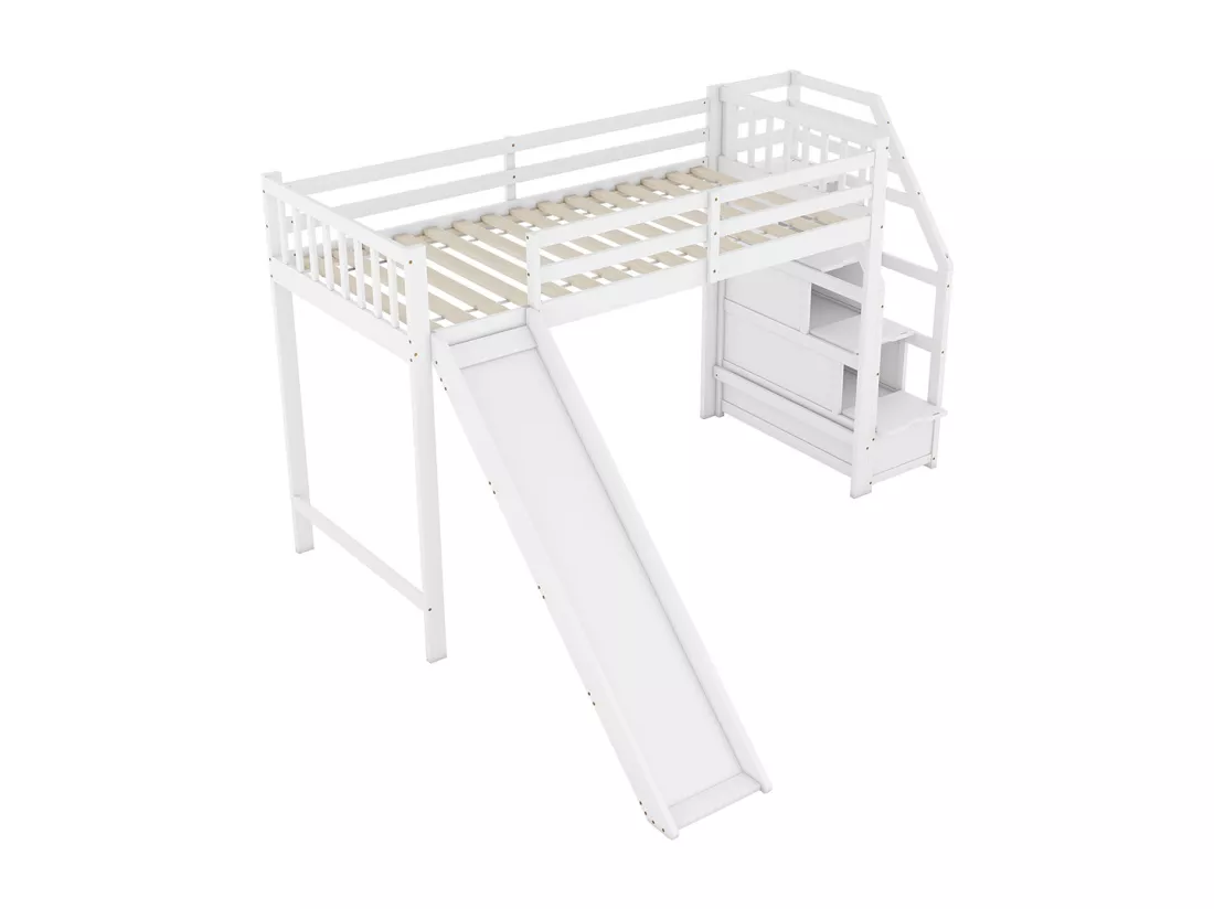 Lit superposé 90x200 cm lit d'enfant avec toboggan échelle de rangement blanc