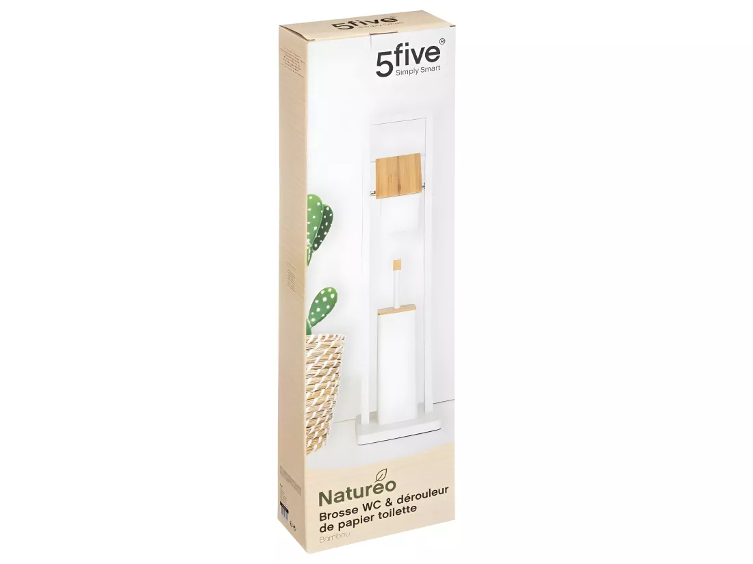 Brosse WC et Dérouleur Papier toilette en Bambou et métal Blanc H 80 cm
