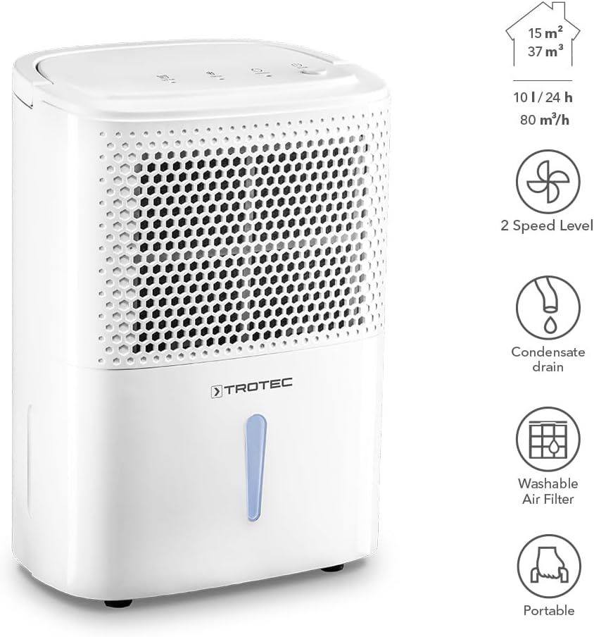 TROTEC Raumentfeuchter elektrisch TTK 26 E – Leistung 10 L/Tag – Fläche 15 m² / 37 m³ – Entfeuchtungsgerät mit Autoabschaltung