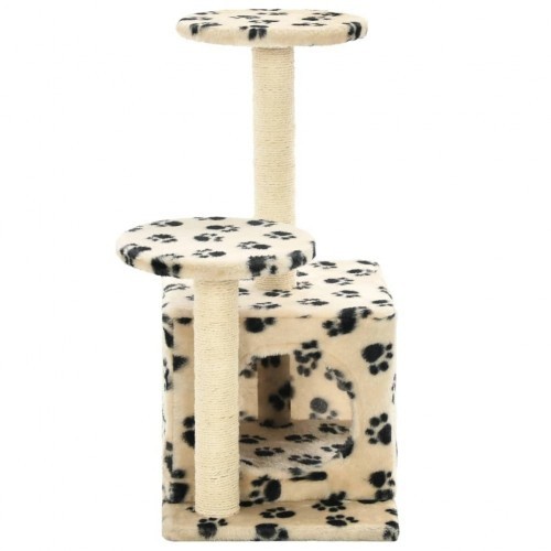 Arranhador bege para gatos com estampa de sisal e pegadas.