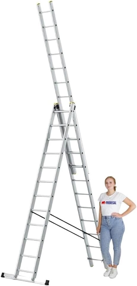 PROREGAL Economy Plus 3-delige multifunctionele ladder met dwarsbalk, 3 x 12 sporten, werkhoogte 8,09 m, draagvermogen 150 kg