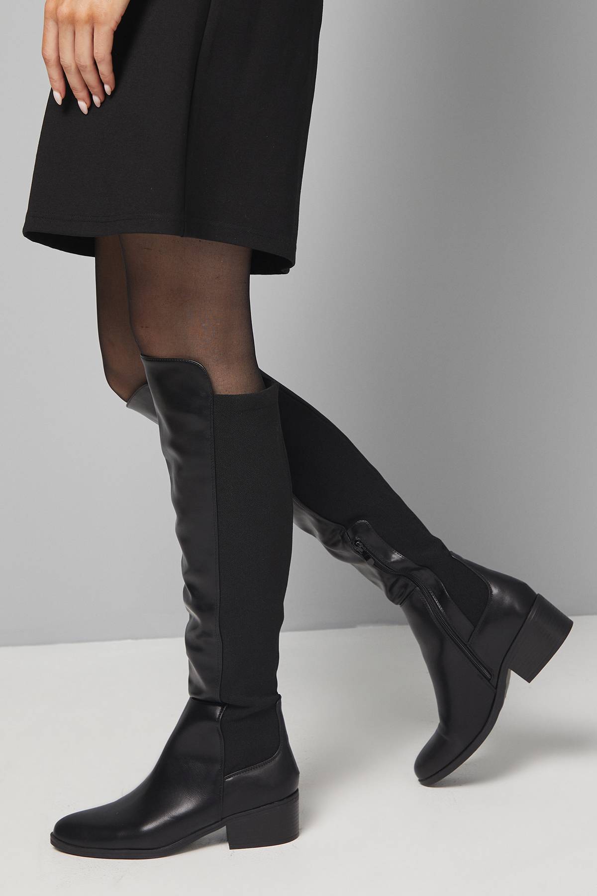 Wallis Bottes Hannah à Talon Bas, Bout Amande et Dos Extensible Hauteur Genou