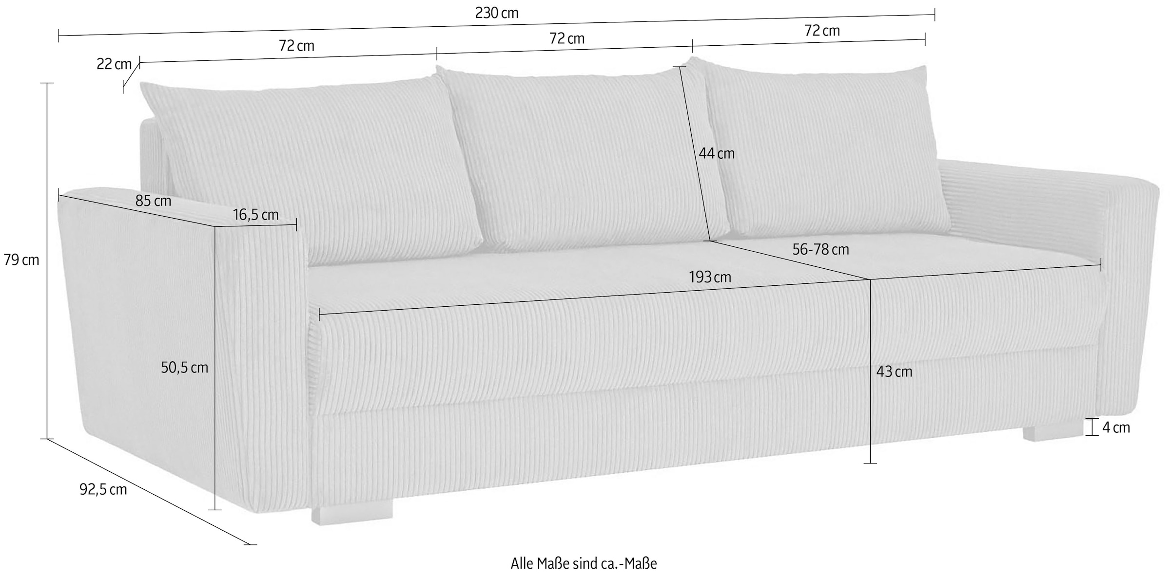 Home affaire 3-Sitzer »MAGHERA Schlafsofa mit Bettkasten, in hochwertiger Verarbeitung« mit Wellenunterfederung, pflegeleicht Material, B/H/T 230/92,5/79 cm