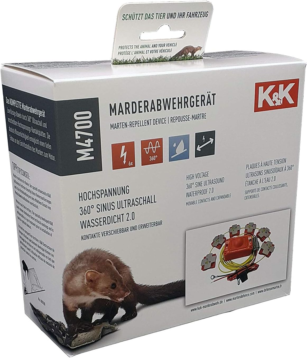 K&K M4700 - Das KOMPLETTE Marderabwehrgerät: Marderabwehr Ultraschall + Hochspannung wasserdicht, 6 verschiebbare Hochspannungsplatten, 360°-Ultraschall