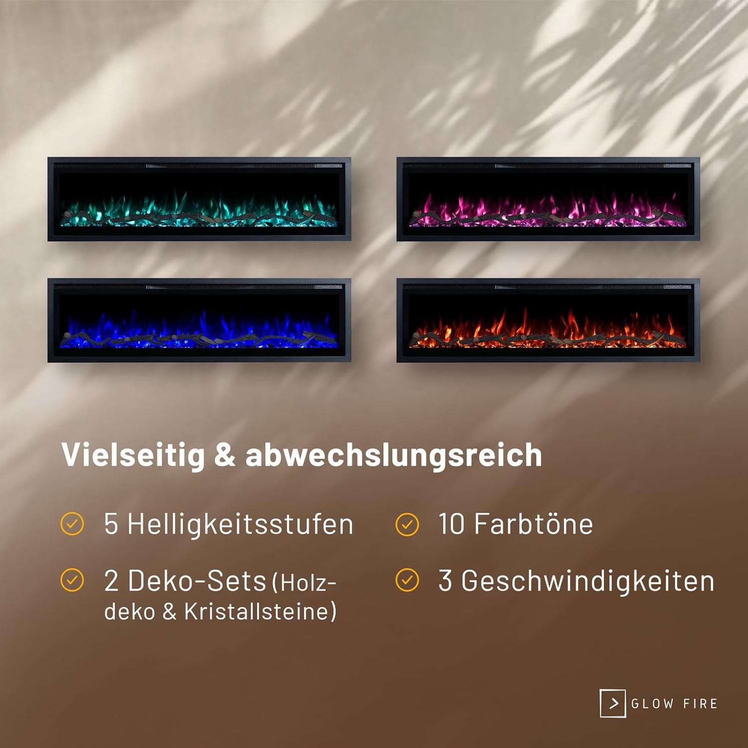 GLOW FIRE Elektrokamin Core 127 mit realistischem 3D LED-Feuer - Wand-Elektrokamin mit Heizung und Kaminfeuer, App Steuerung, Knistereffekt & Timer, max. 1800 W, 127x35x12cm