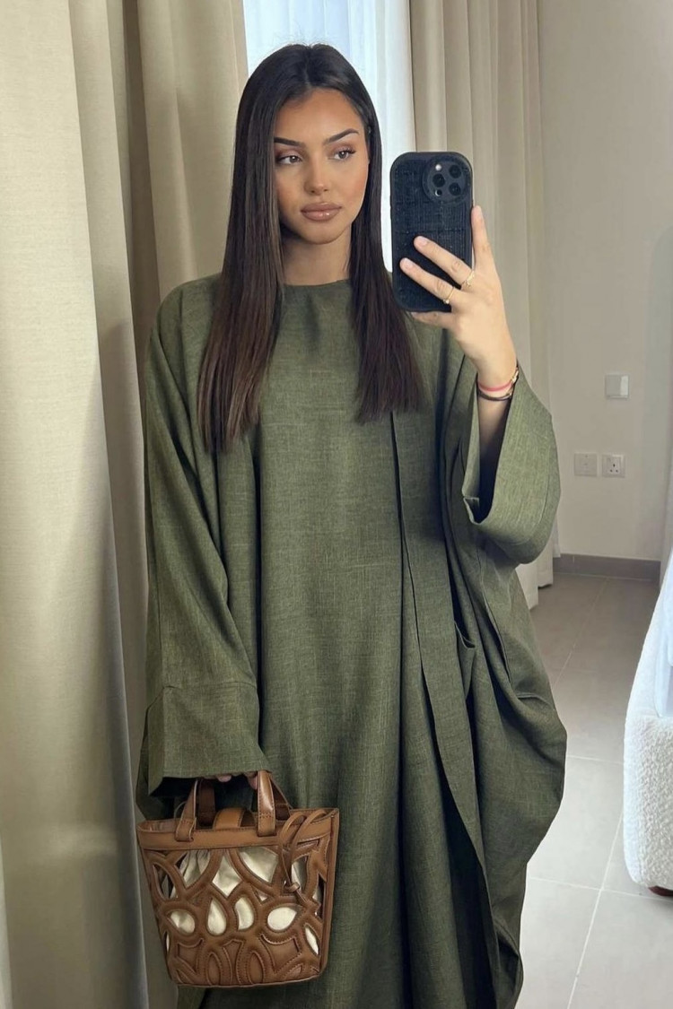 Ensemble effet lin 2 pièces kimono + robe kaki