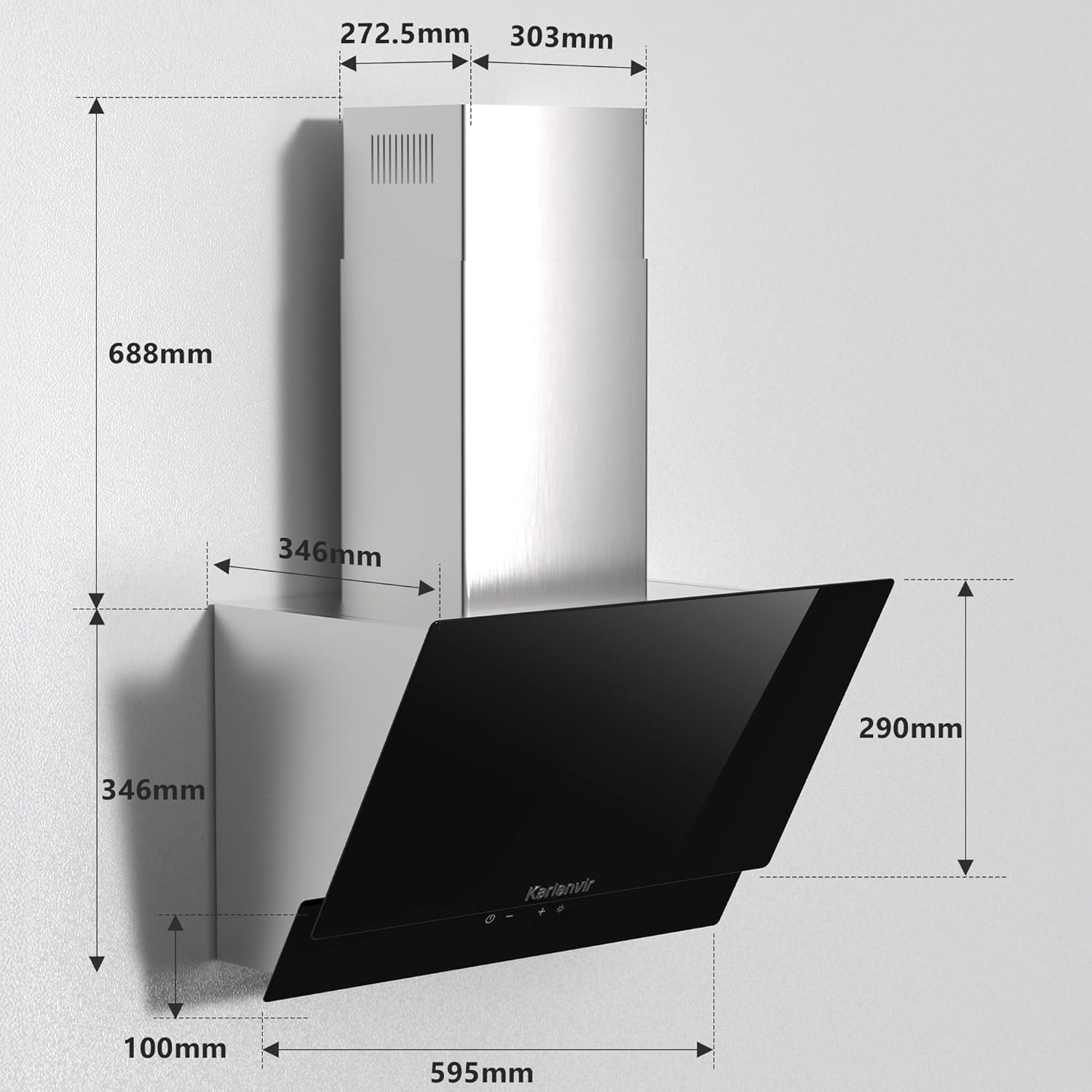 Dunstabzugshaube 60cm Seitenansaugung, 500m³/h Saugleistung, A++ Energieeffizienz, Edelstahl 430, 2x 1,5W LED-Beleuchtung, Touchpanel