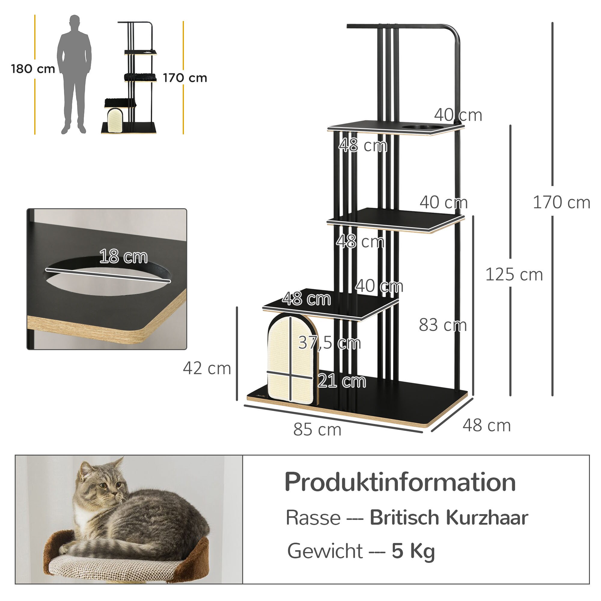 PawHut Kratzbaum mit Kissen und 4 Ebenen schwarz 85L x 48B x 170H cm