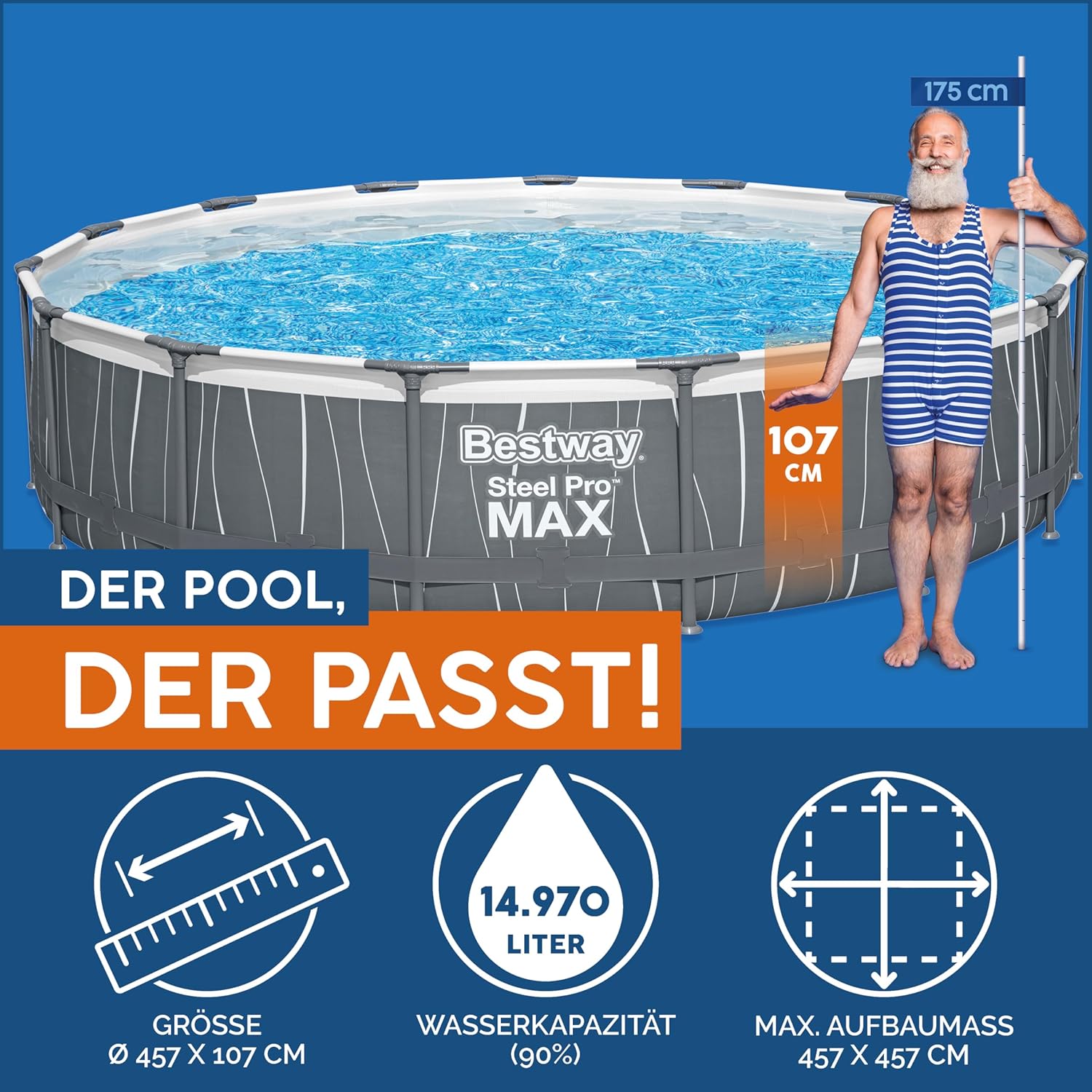 Bestway Steel Pro MAX Frame Pool Komplett-Set mit Filterpumpe Ø 457 x 107 cm, LED-Design, rund