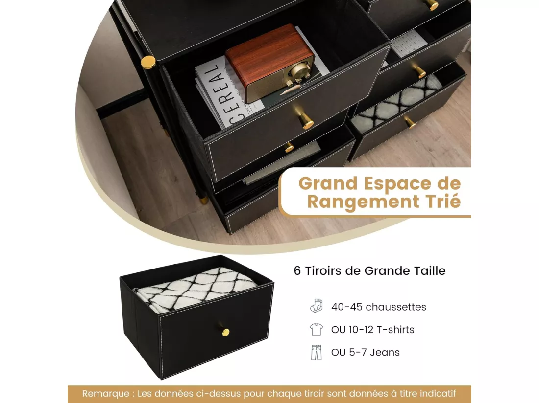Commode Chambre, Commode Chambre Adulte 6 Tiroirs en Cuir PU et Tissu Pliable, Cadre en Métal, Chiffonnier Moderne avec Poignée Doré, Commode Rangement pour Salon, Entrée, Noir (6 Tiroirs)