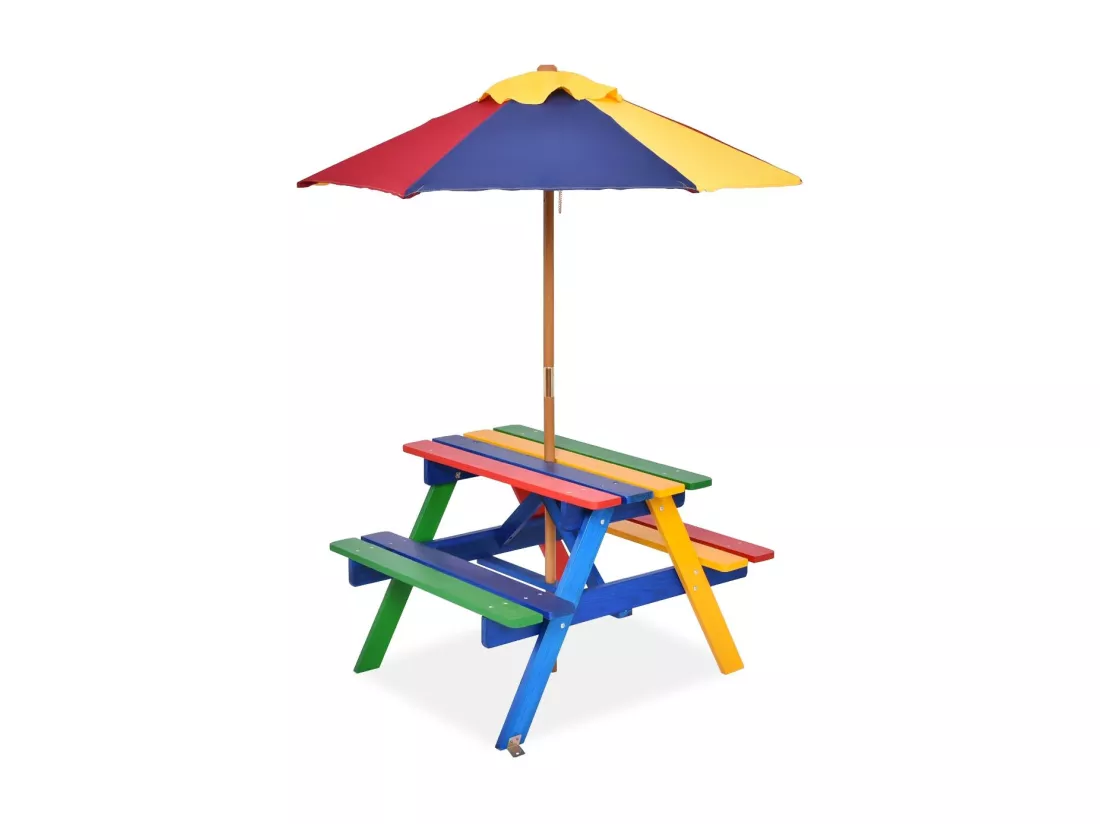 Table Pique-nique avec Parasol Amovible en Bois de Sapin 79 x 71 x 52,5 CM/Ensemble Table et Bancs de Jardin pour Enfants 4 Sièges pour Jardin Terrasse Patio