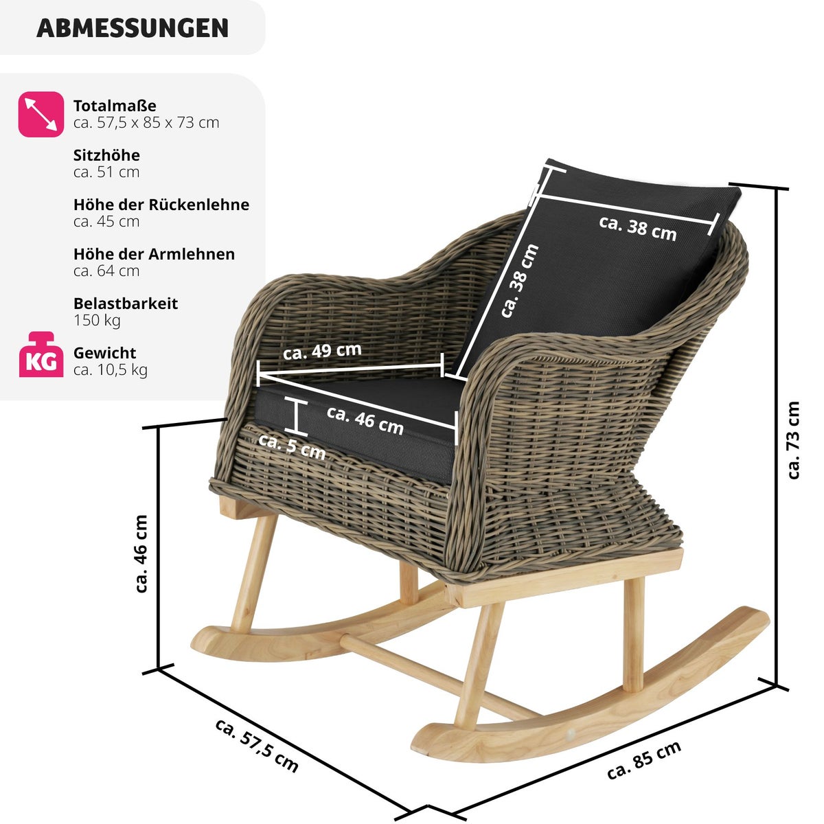 tectake Rovigo rotan schommelstoel, natuurlijk imitatieweefsel met aluminium frame, 57,5 x 85 x 73 cm