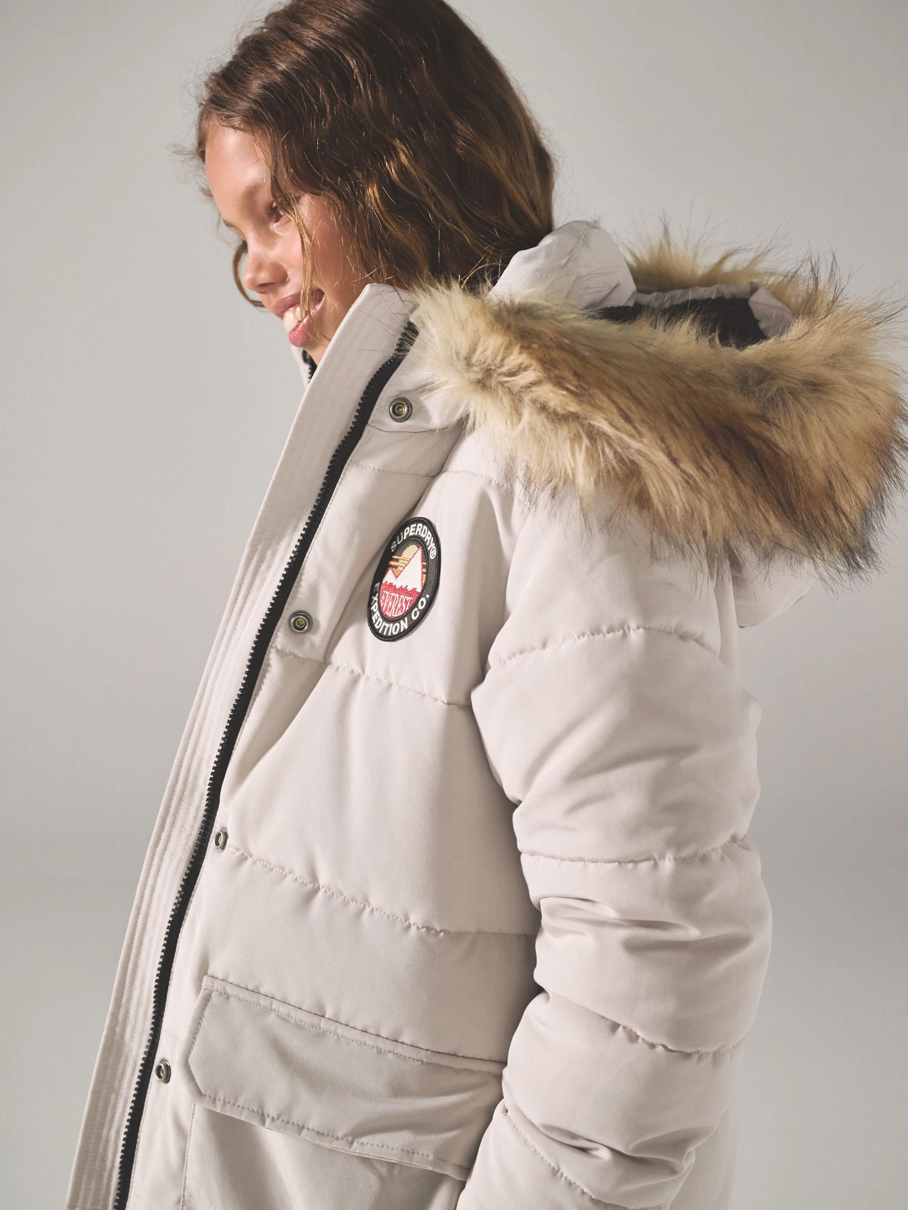 Crème - Superdry - Everest lange gewatteerde jas