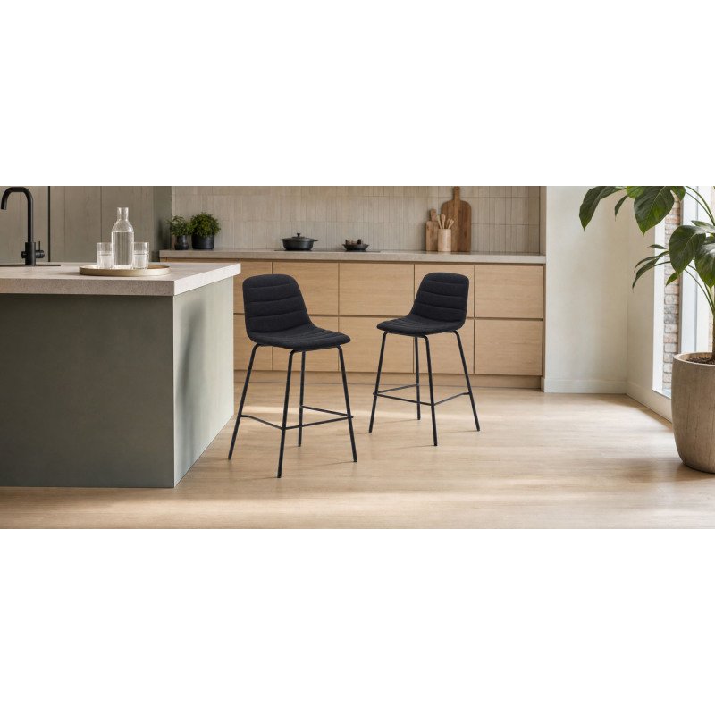 Tabouret  Zunilda en chenille noir  et acier avec finition noir mat hauteur 65 cm