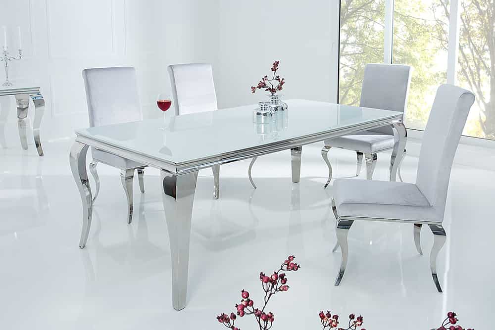 Eleganter Design Esstisch MODERN BAROCK 180cm weiß Edelstahl Opalglas Tischplatte