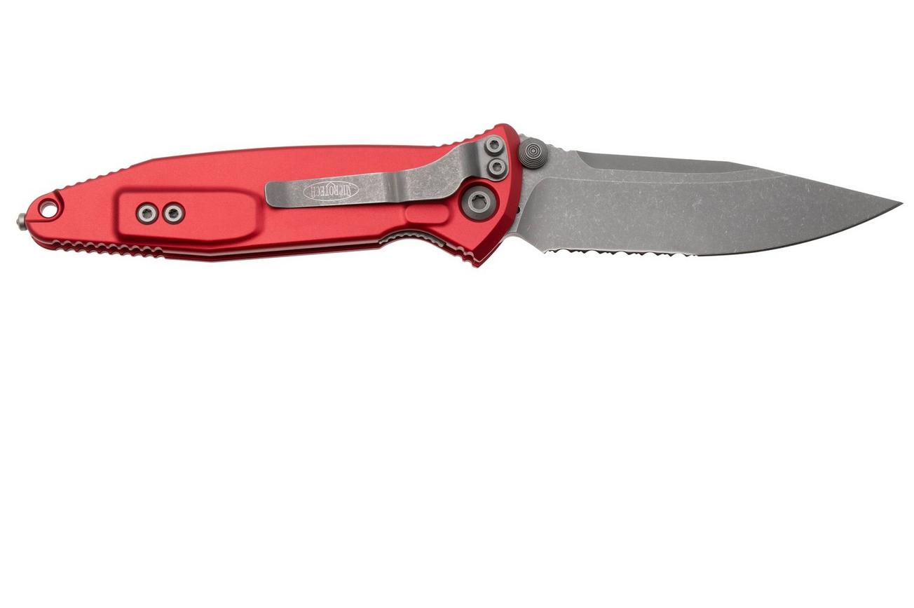 Microtech Socom Elite 160-11APRD, Apocalyptic Stonewashed M390 Clippoint, Red Aluminum, partly serrated zakmes