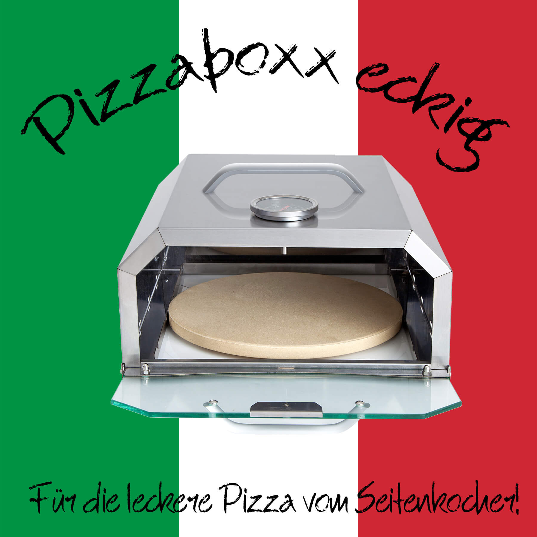 ALL'GRILL Pizzaboxx® eckig aus Edelstahl für Gas-Grillmodelle mit Seitenkochfeld - inkl. Pizzastein und Temperaturanzeige - Abmessung 32x37x16 cm