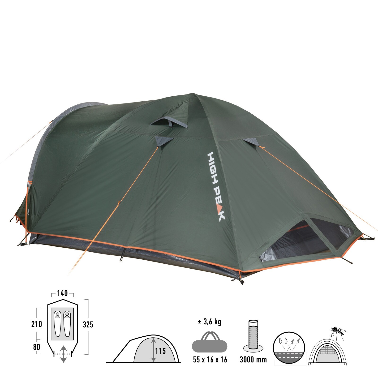 HIGH PEAK Kuppelzelt Nevada 2 3 4 Personen Camping Trekking Iglu Zelt Vorraum Größe: Nevada 2.1