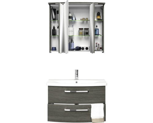 3-delige badkamermeubelset Pelipal xpressline 4010 BxHxD 84 x 200 x 45 cm, fronten in grafietstructuur (horizontaal patroon), met witte keramische wastafel en keramische badmeubel, wastafelkast, spiegelkast met LED-verlichting, chromen grepen, 4010.0