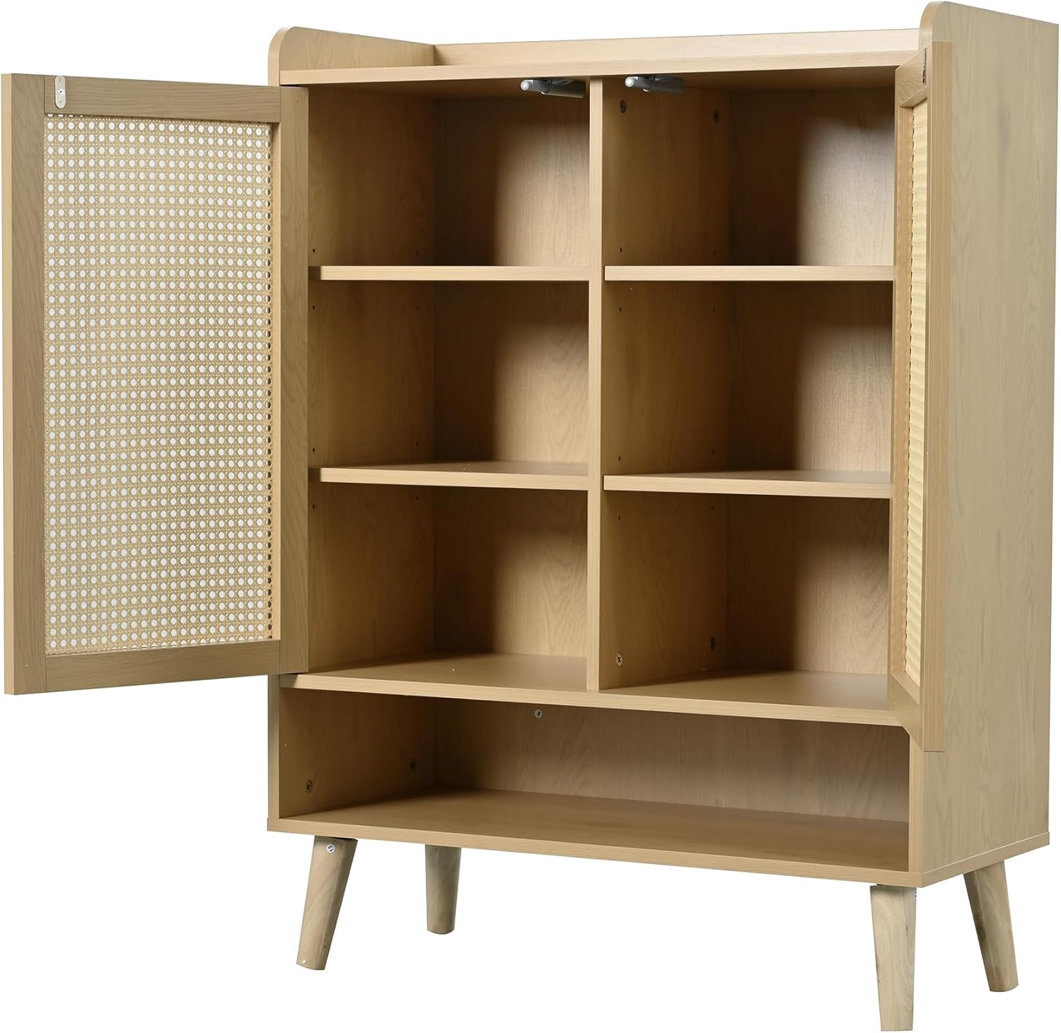 Hommdiy Schuhschrank Sideboard Multifunktionsschrank aus natürlichem Rattan, Schuhkommode Schuhregal mit 2 Türen und 5 Regalböden, für den Flur. Mit Holzgriffen und Massivholzbeinen B80/H105/T35 cm