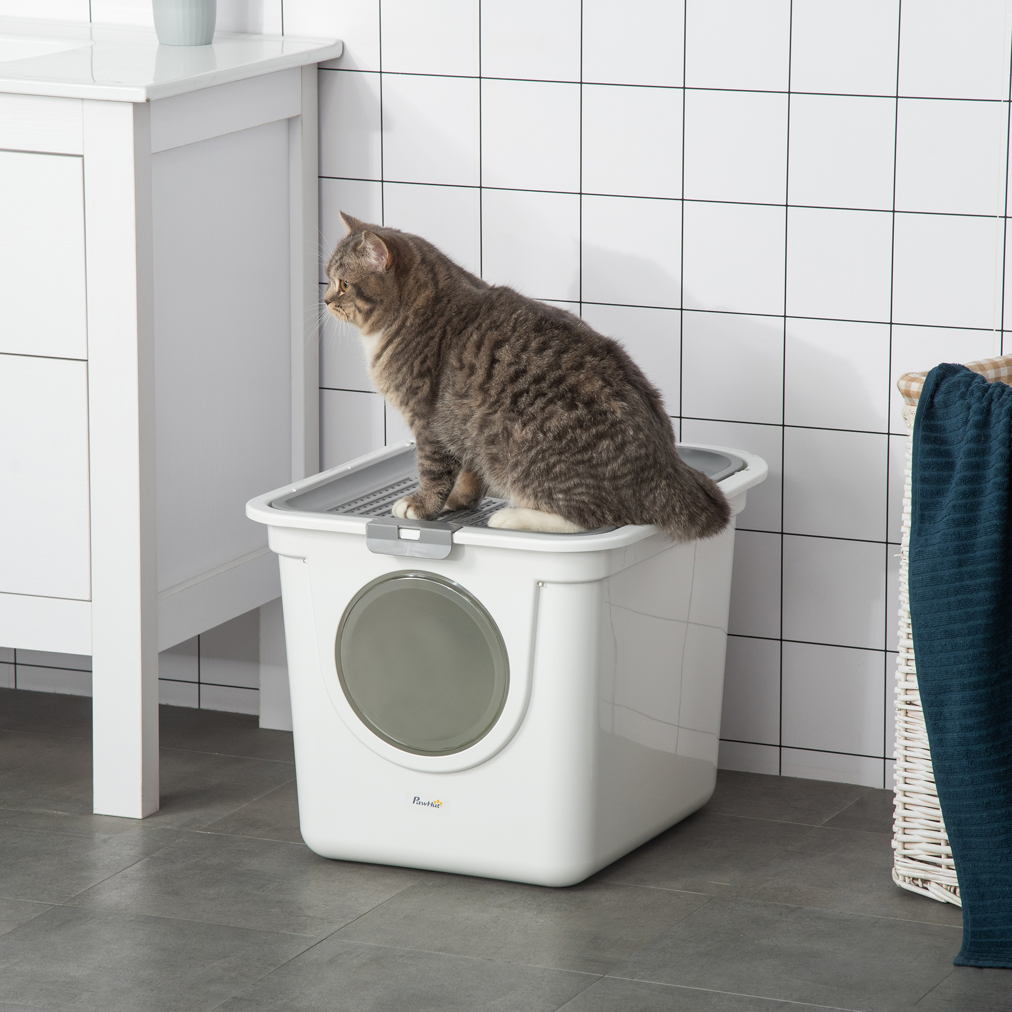 Caixa de areia para gatos PawHut branca e cinza