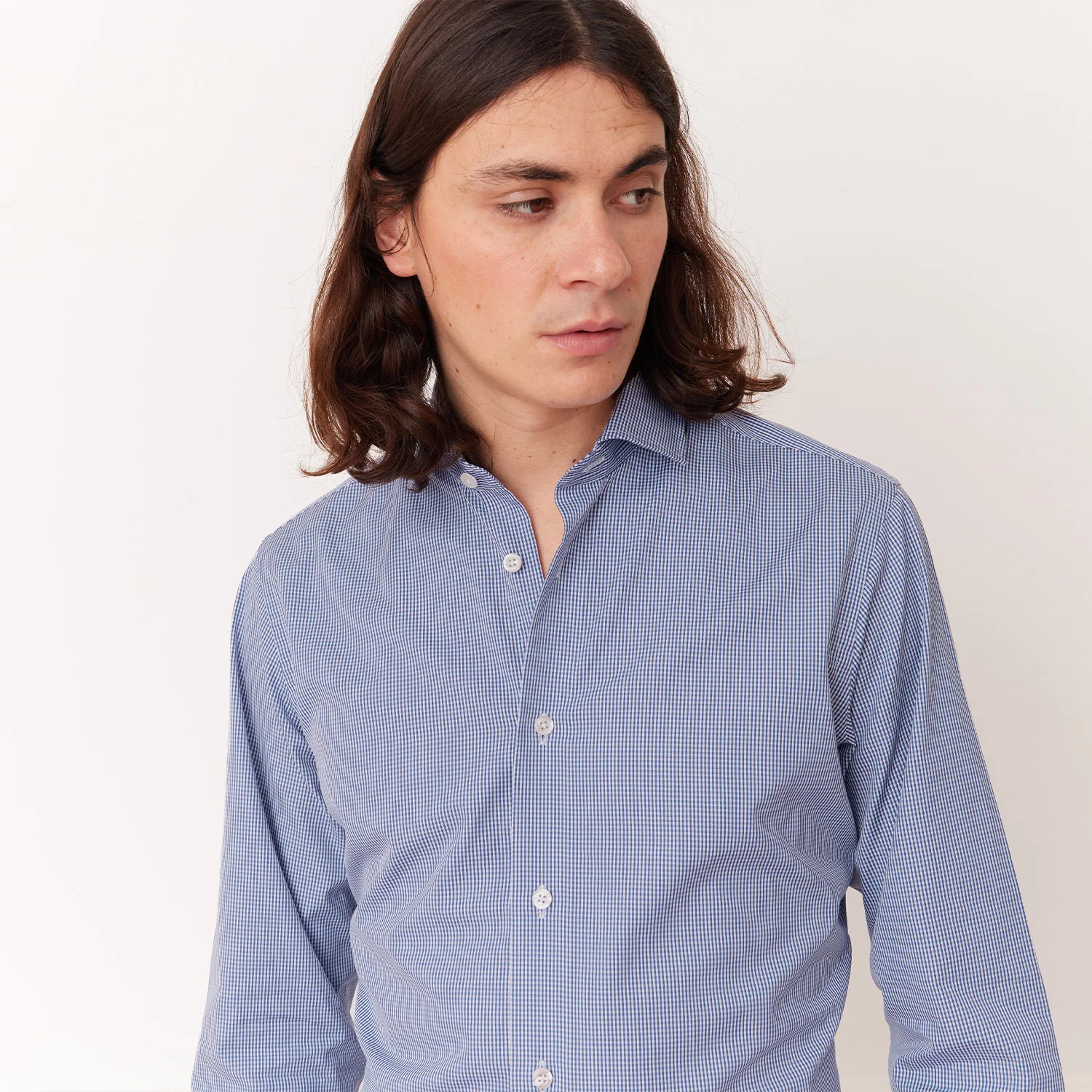 Fitted shirt in blue gingham poplin
