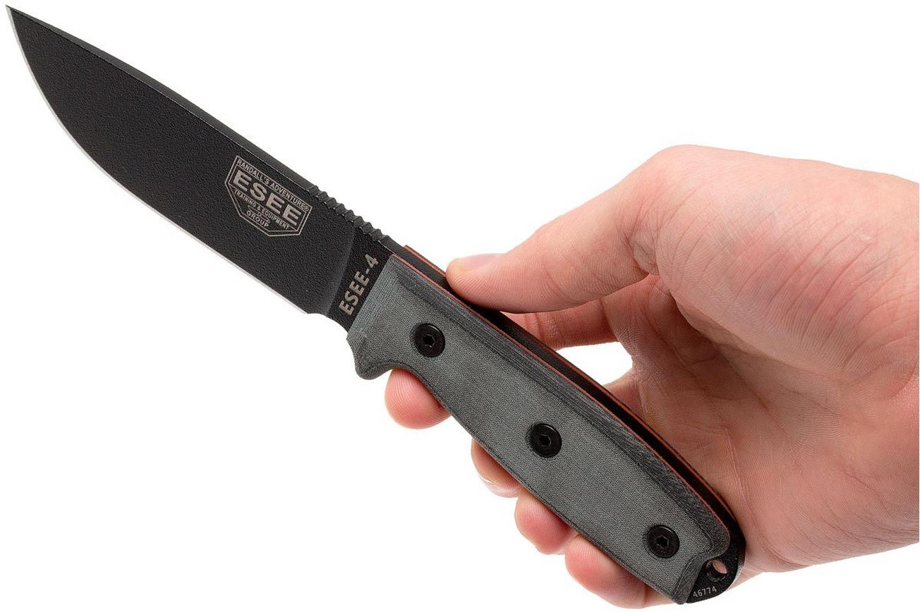 ESEE Model 4 black blade, grey handle 4P-MB met coyote schede   clip en MOLLE-back