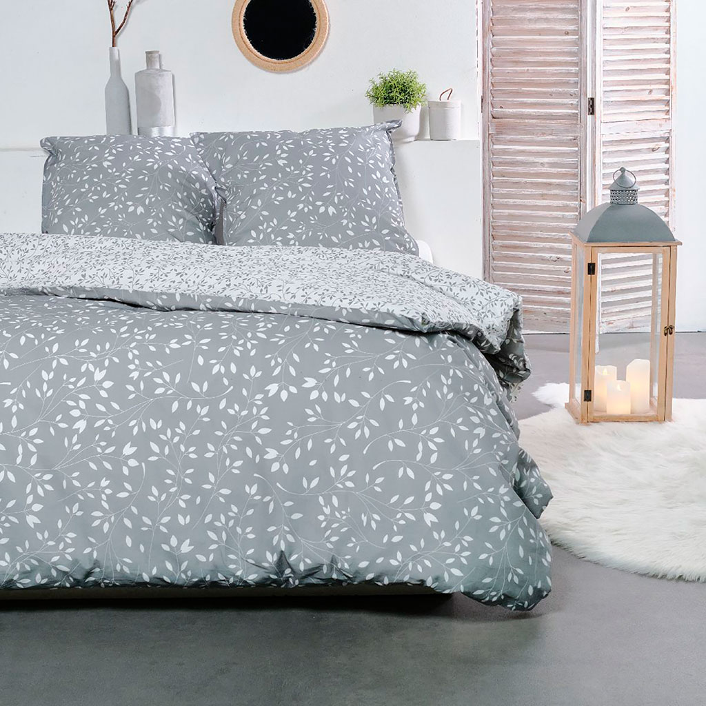 Parure de lit coton 57 fils motif feuillage gris 220x240cm
