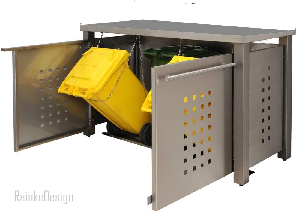 Mülltonnenbox aus Edelstahl mit Edelstahlpfosten (3X 120l, T-Design, Pultdach, Edelstahl)