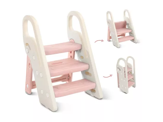 Marchepied Pliable pour Enfant Bébé avec 3 Marches Antidérapant, Rehausseur Stable, Hauteur Réglable, Multifonction avec Poignées Sécurité, Rose et beige