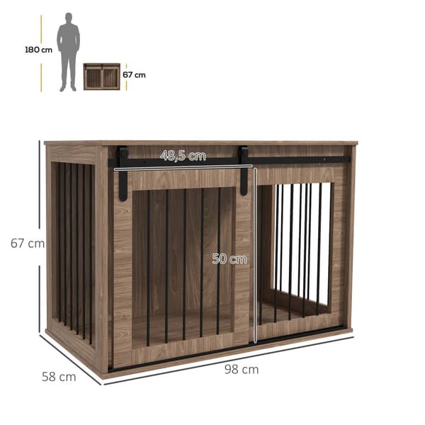Hundebur Hundeboks Med Skyvedør, Innendørs Hundehus Med Trelook, Låsing, For Store Hunder Opptil 30 Kg, 98 X 58 X 67 Cm, Valnøtt